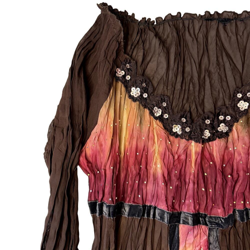 VTG Y2K Brown Pink Velvet Sheer Sequined Top Women's Size Small / Medium